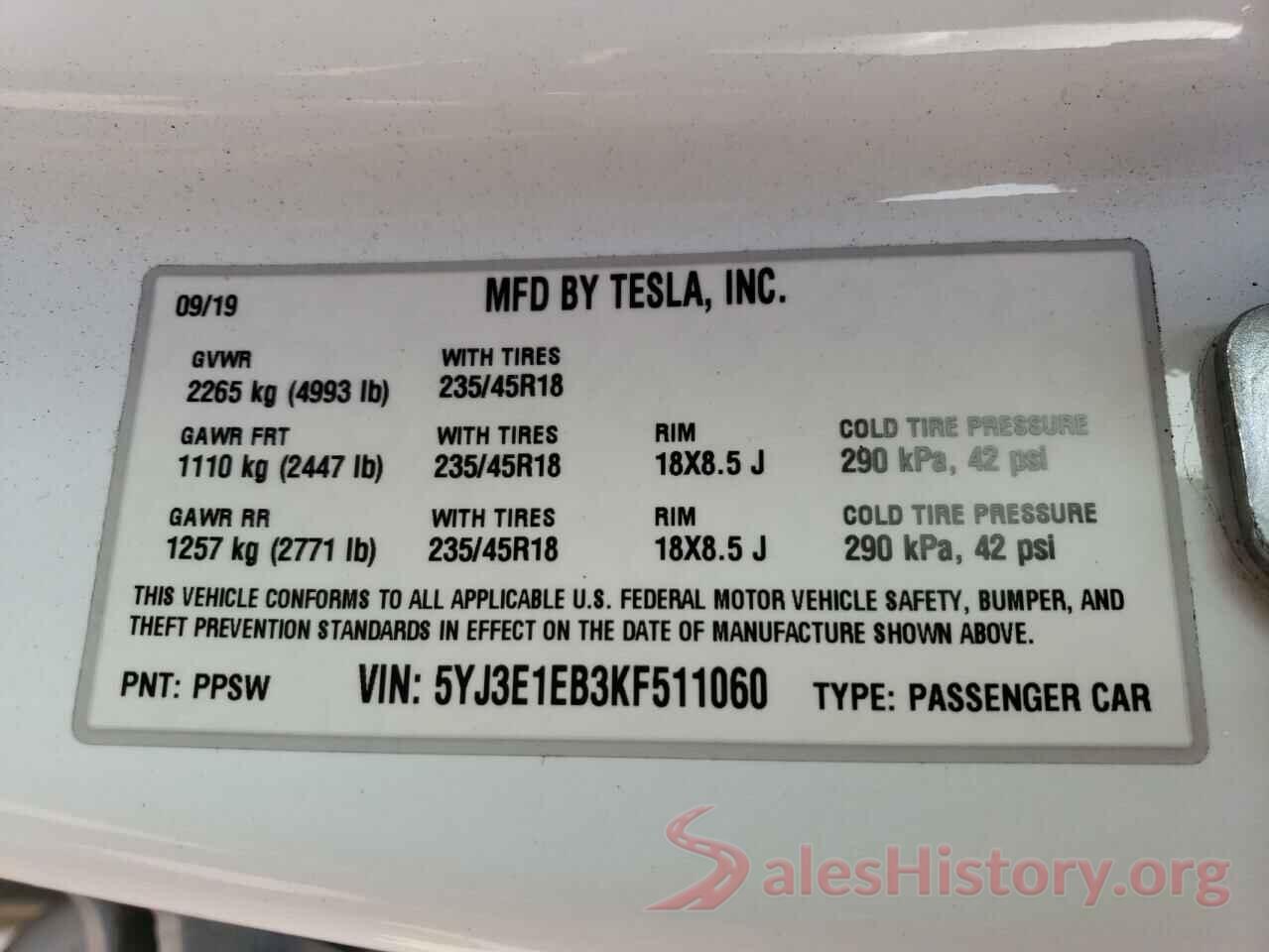 5YJ3E1EB3KF511060 2019 TESLA MODEL 3