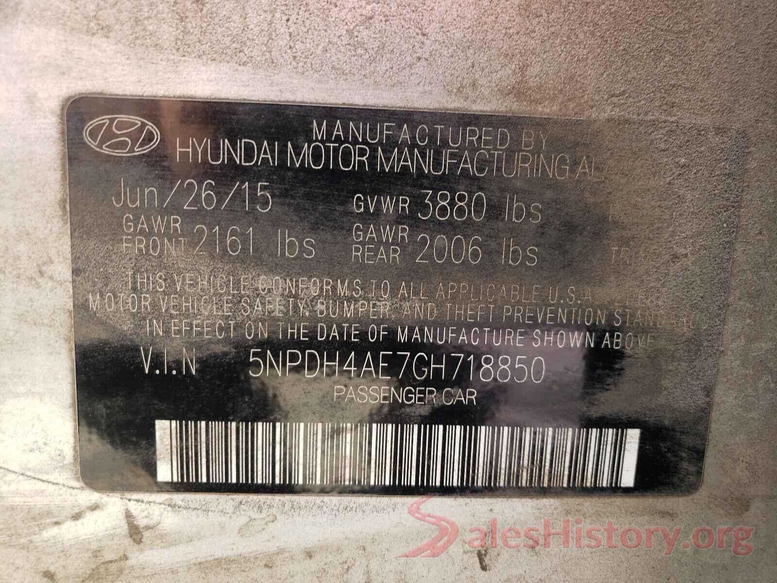 5NPDH4AE7GH718850 2016 HYUNDAI ELANTRA