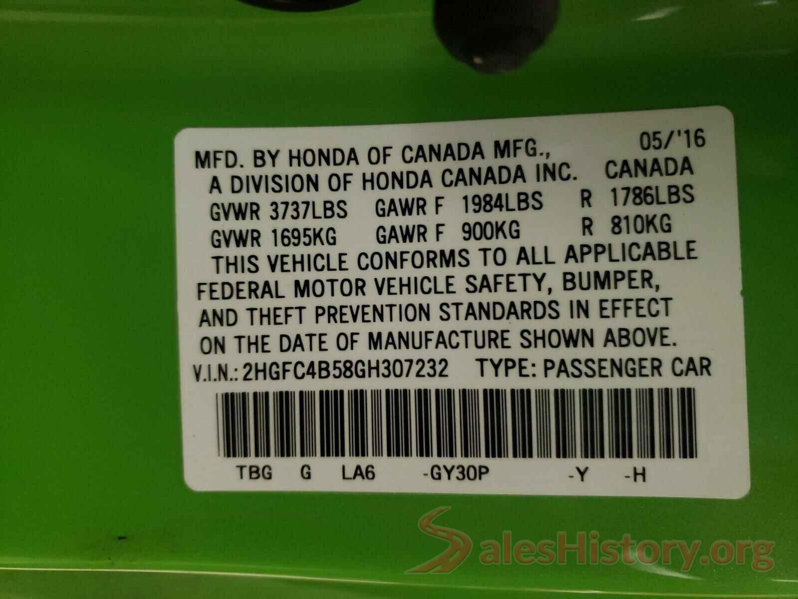 2HGFC4B58GH307232 2016 HONDA CIVIC