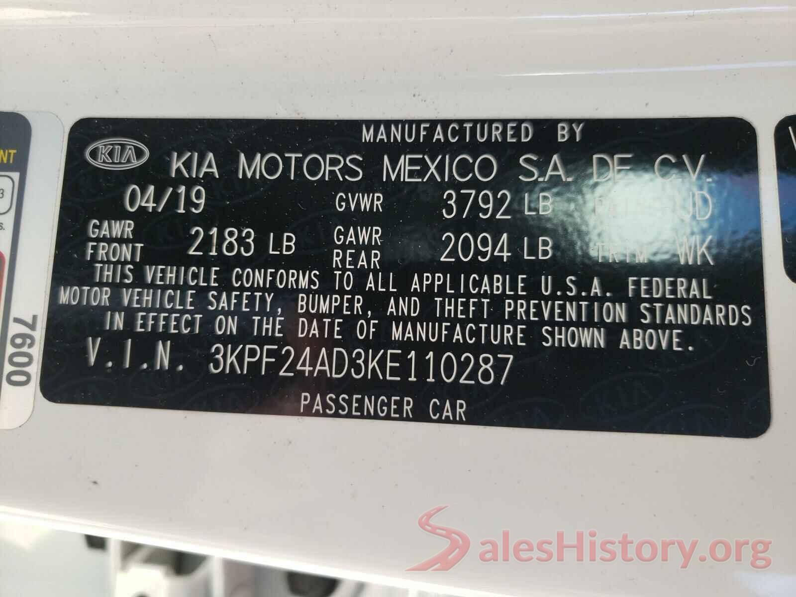 3KPF24AD3KE110287 2019 KIA FORTE