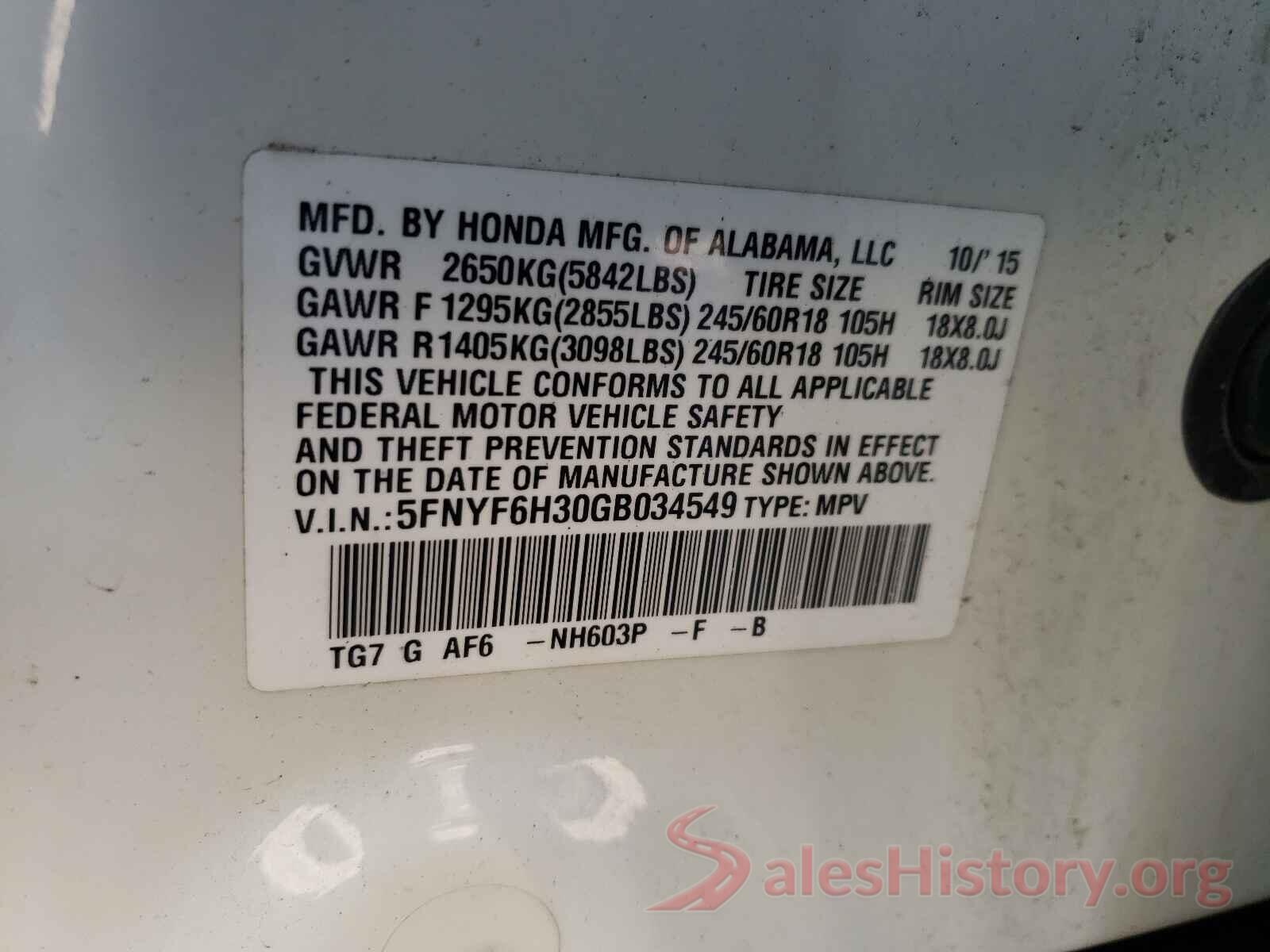 5FNYF6H30GB034549 2016 HONDA PILOT