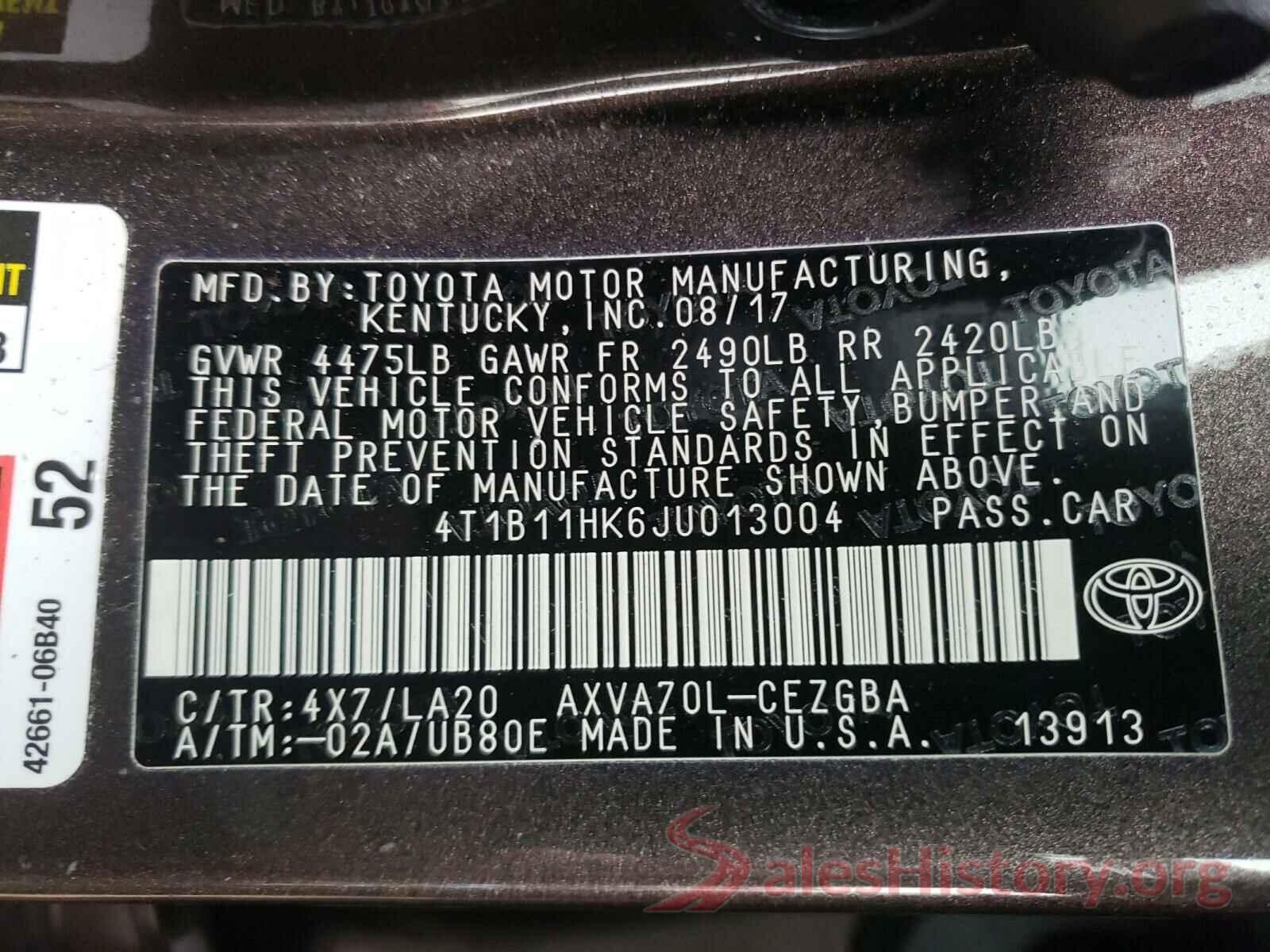 4T1B11HK6JU013004 2018 TOYOTA CAMRY