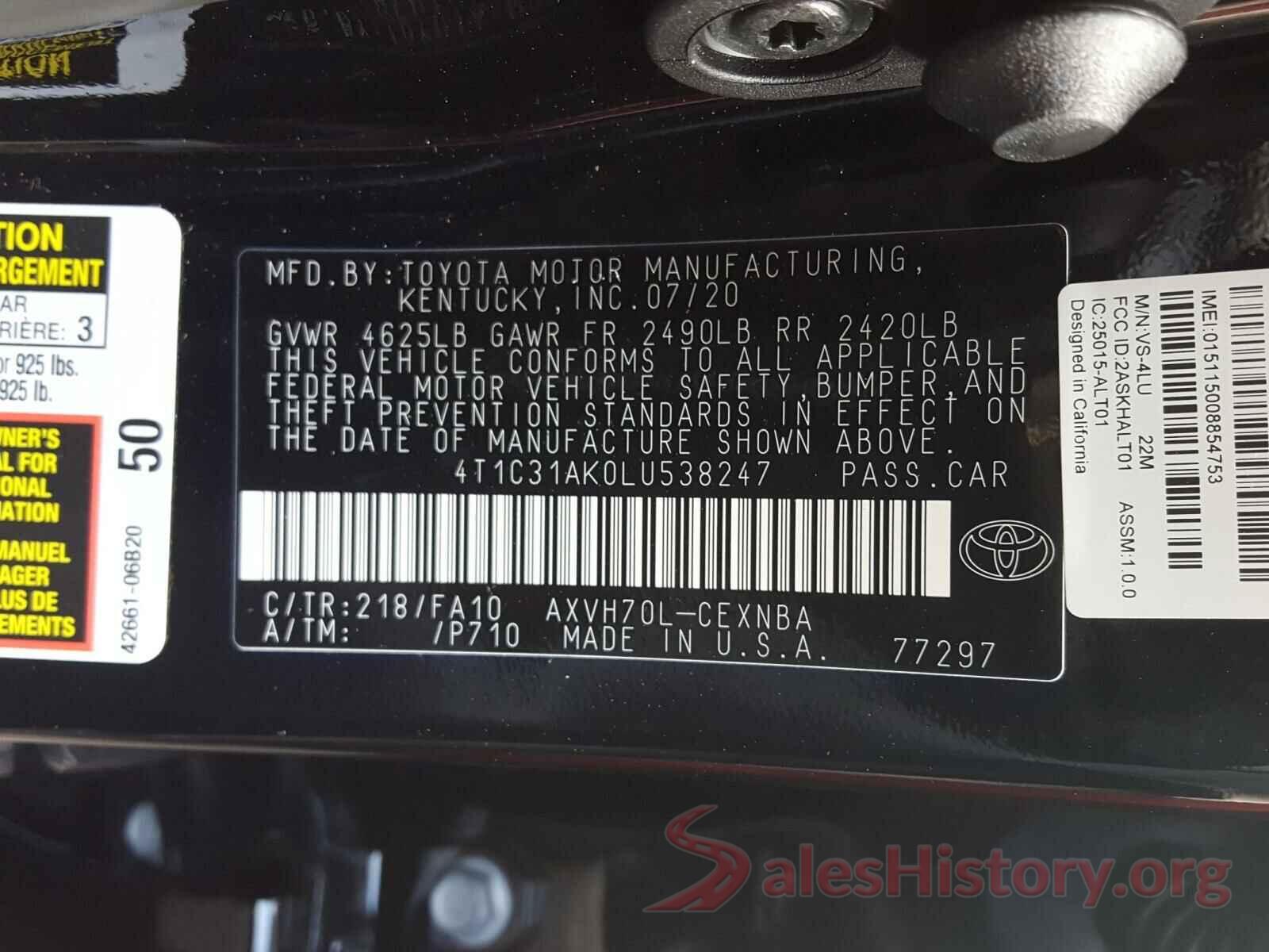 4T1C31AK0LU538247 2020 TOYOTA CAMRY