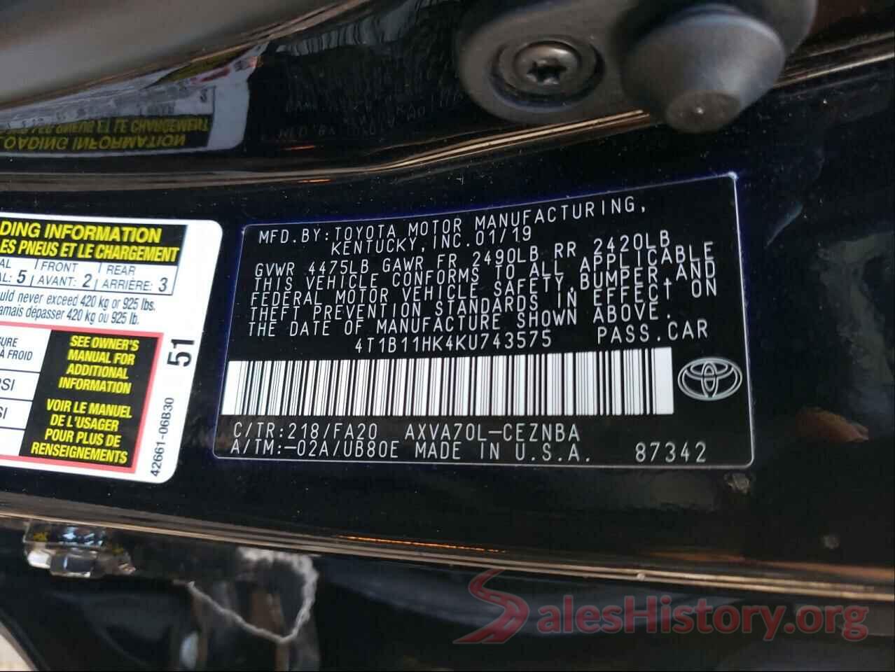 4T1B11HK4KU743575 2019 TOYOTA CAMRY