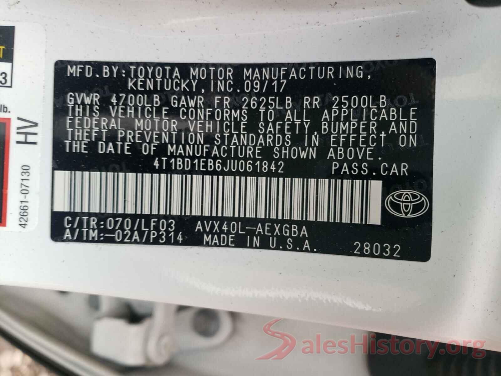 4T1BD1EB6JU061842 2018 TOYOTA AVALON