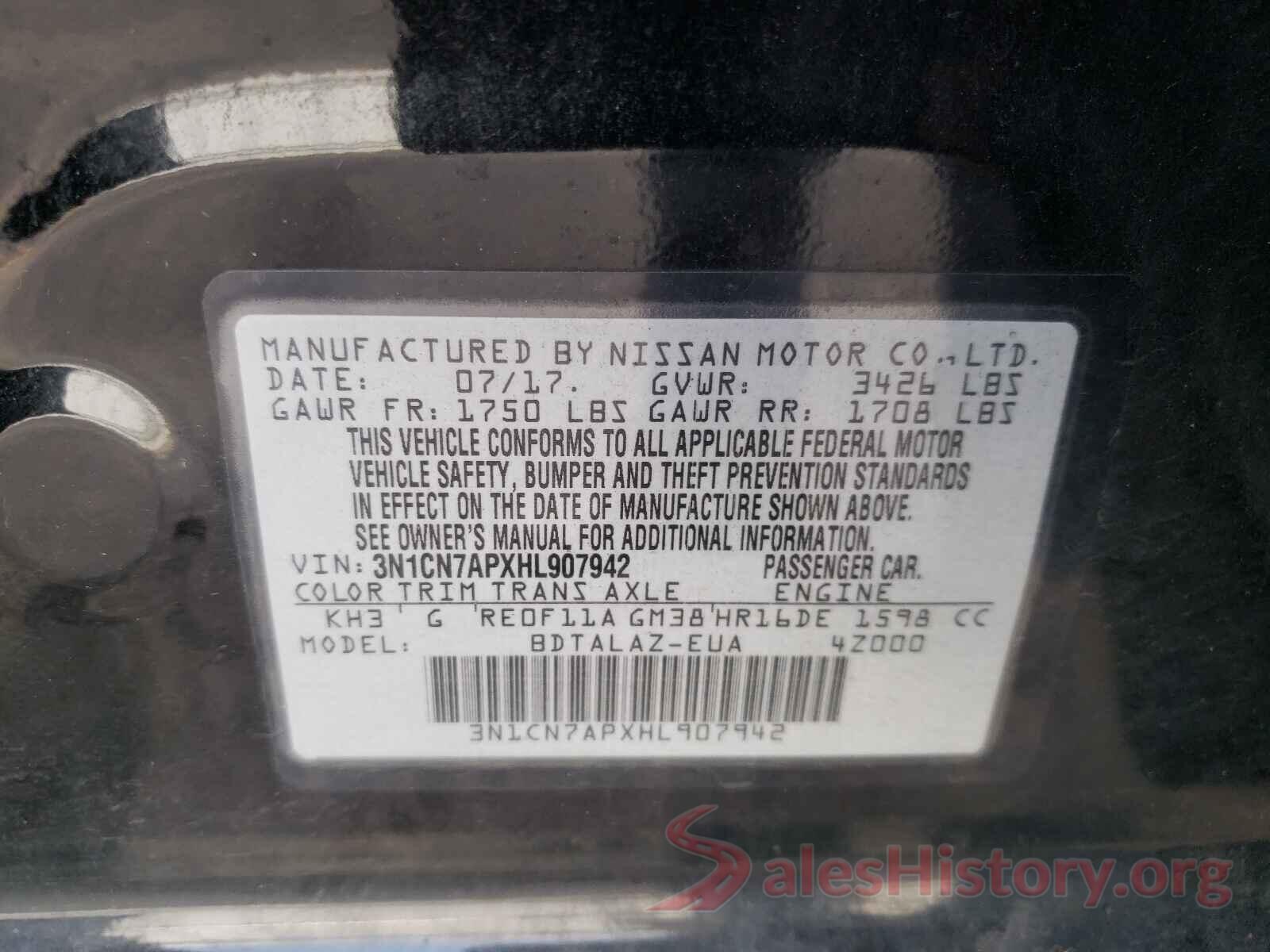 3N1CN7APXHL907942 2017 NISSAN VERSA