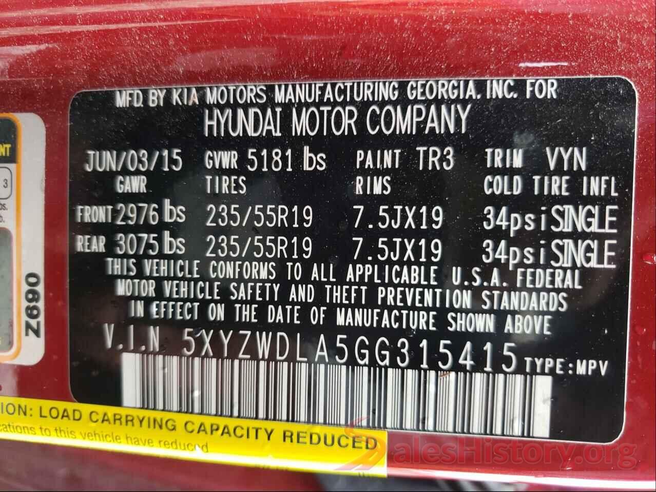 5XYZWDLA5GG315415 2016 HYUNDAI SANTA FE