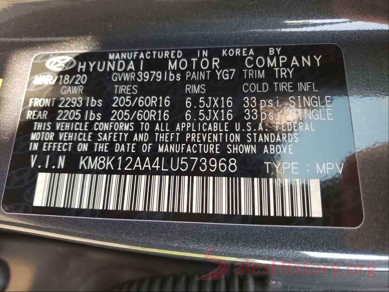 KM8K12AA4LU573968 2020 HYUNDAI KONA