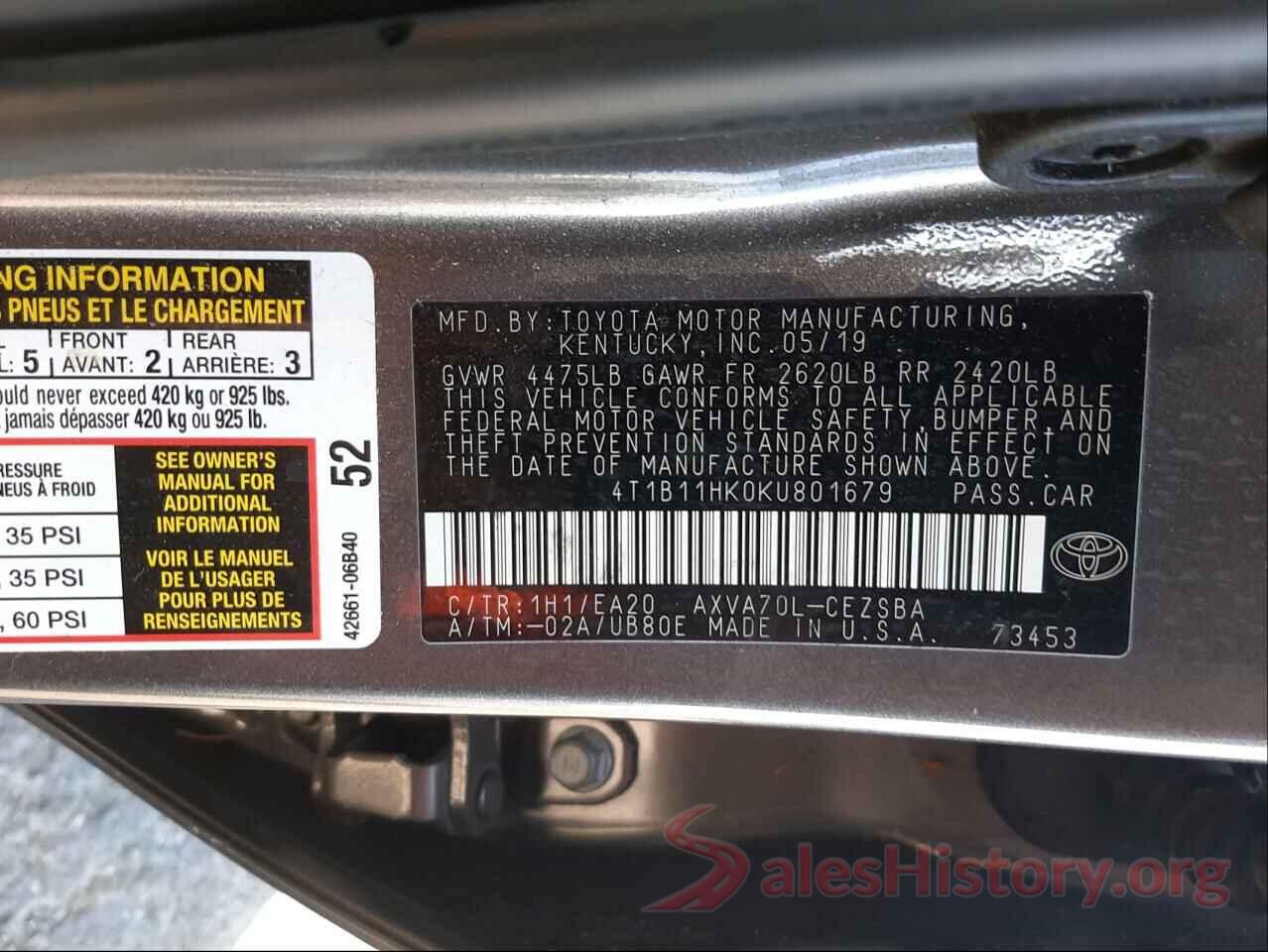 4T1B11HK0KU801679 2019 TOYOTA CAMRY