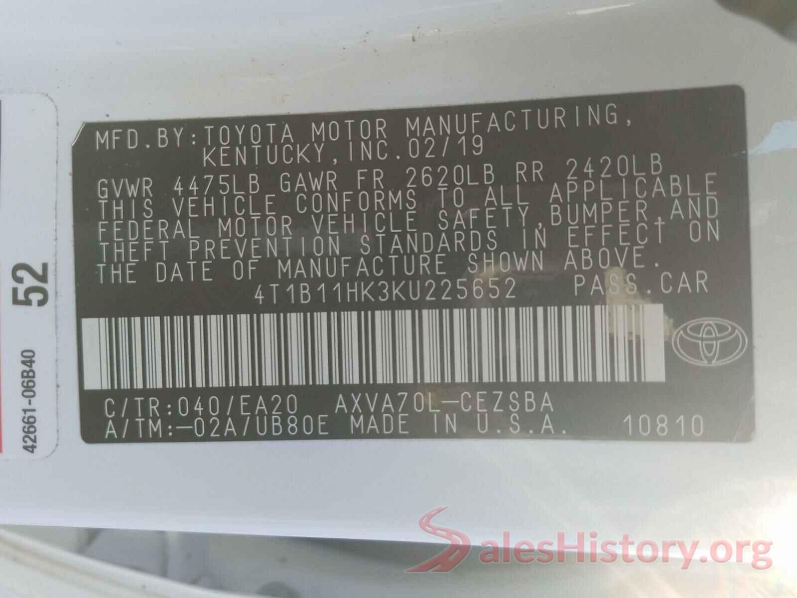 4T1B11HK3KU225652 2019 TOYOTA CAMRY