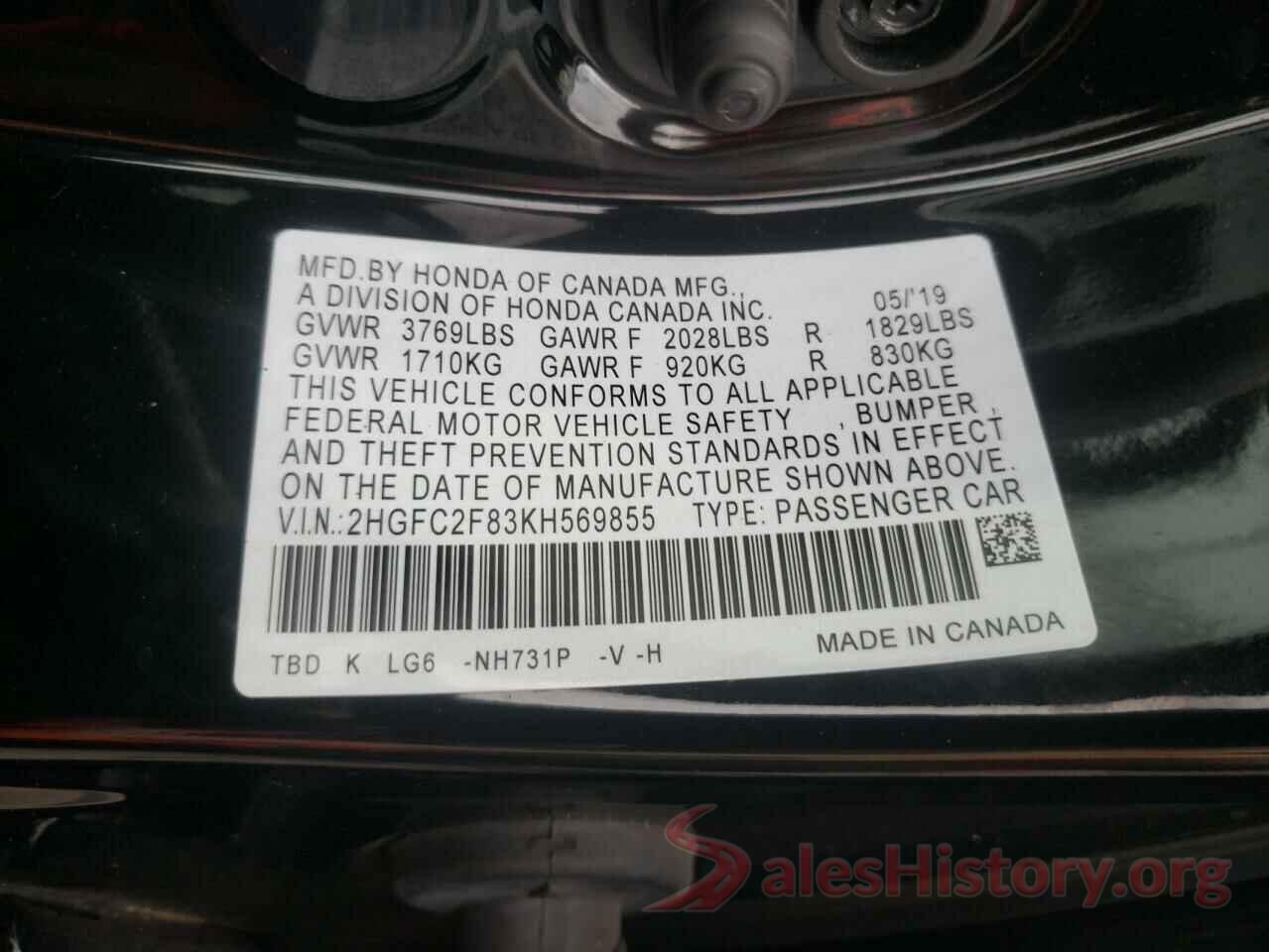 2HGFC2F83KH569855 2019 HONDA CIVIC