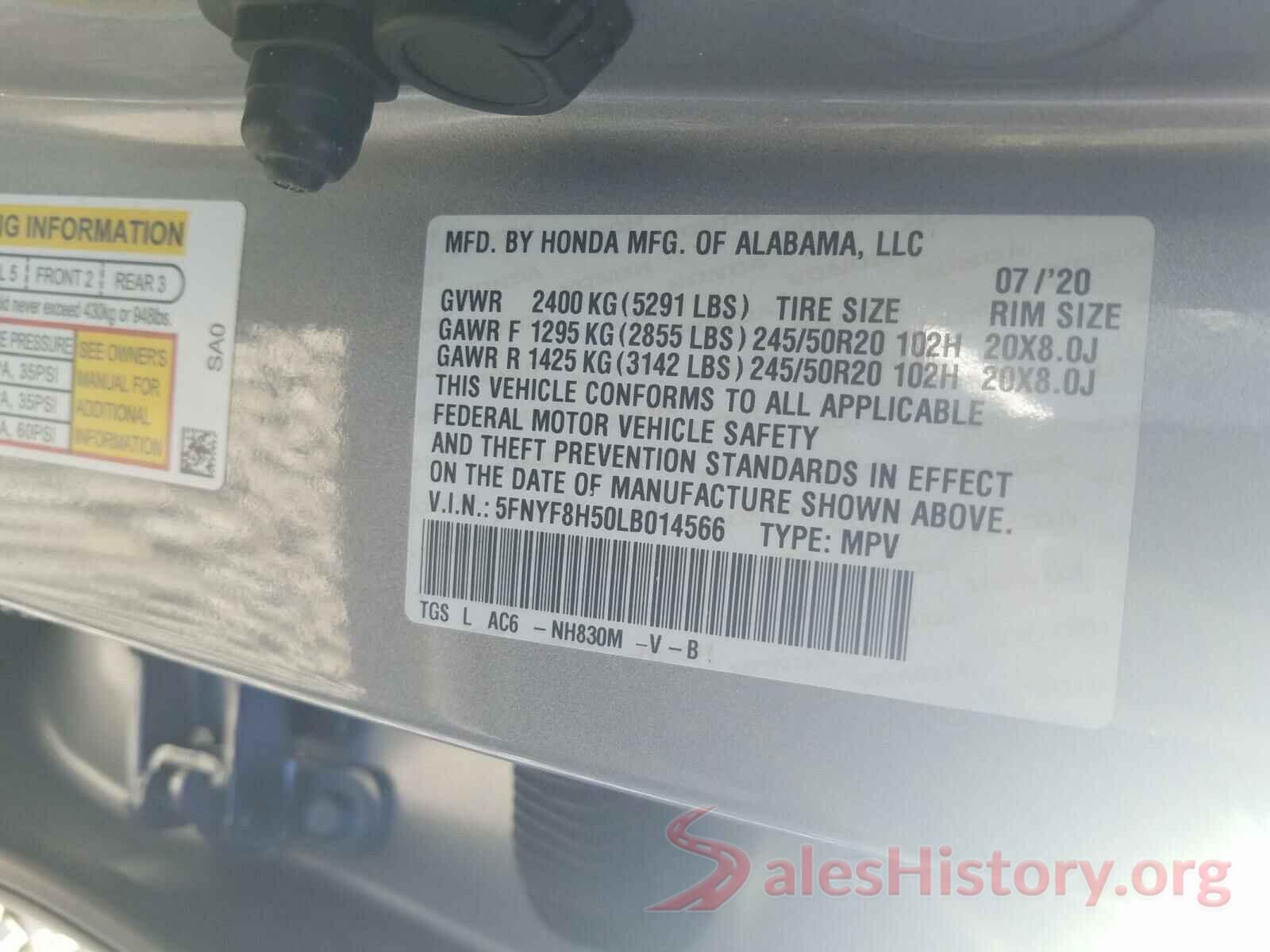 5FNYF8H50LB014566 2020 HONDA PASSPORT