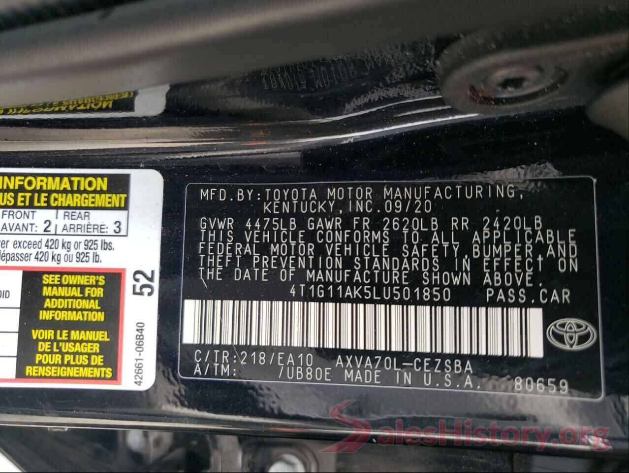 4T1G11AK5LU501850 2020 TOYOTA CAMRY