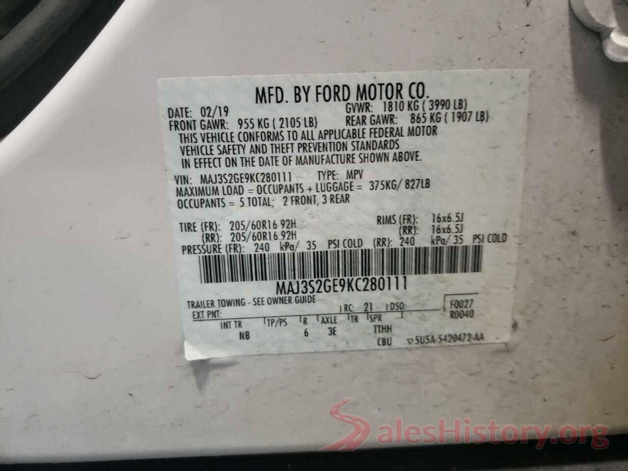 MAJ3S2GE9KC280111 2019 FORD ECOSPORT