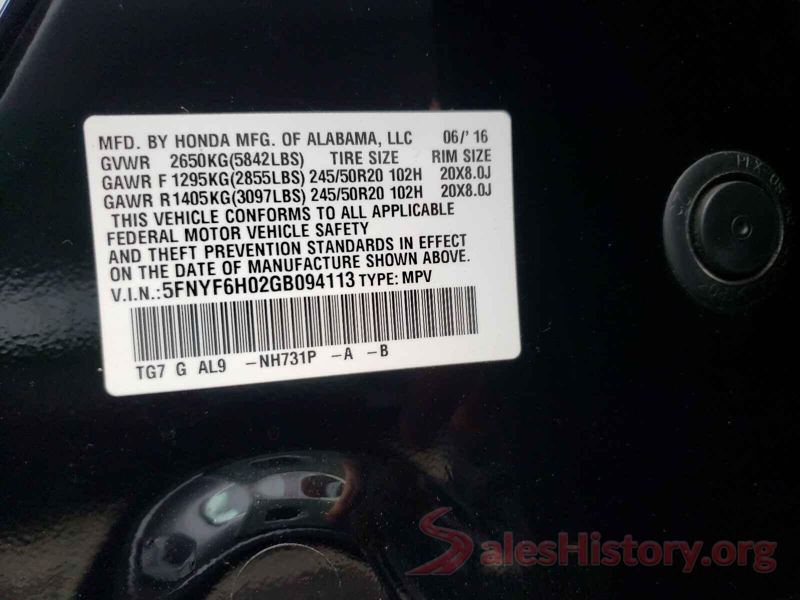 5FNYF6H02GB094113 2016 HONDA PILOT