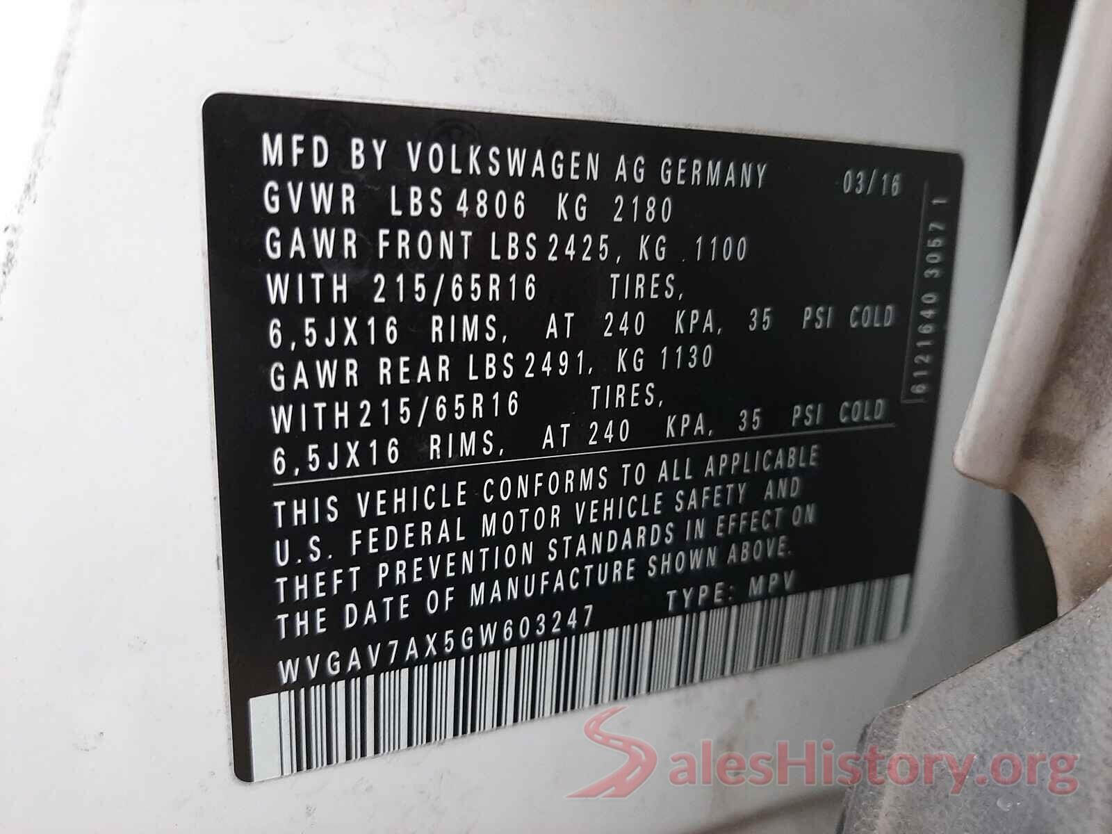 WVGAV7AX5GW603247 2016 VOLKSWAGEN TIGUAN