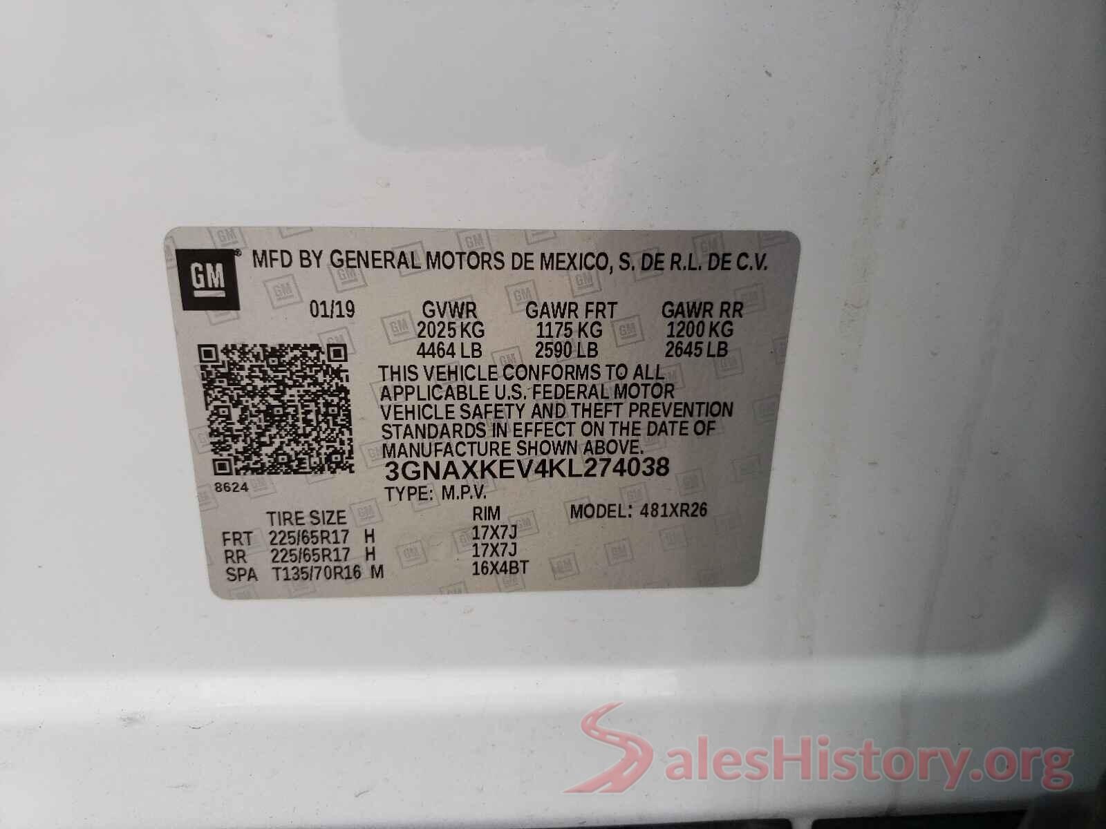 3GNAXKEV4KL274038 2019 CHEVROLET EQUINOX