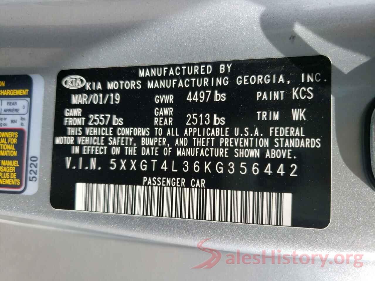 5XXGT4L36KG356442 2019 KIA OPTIMA