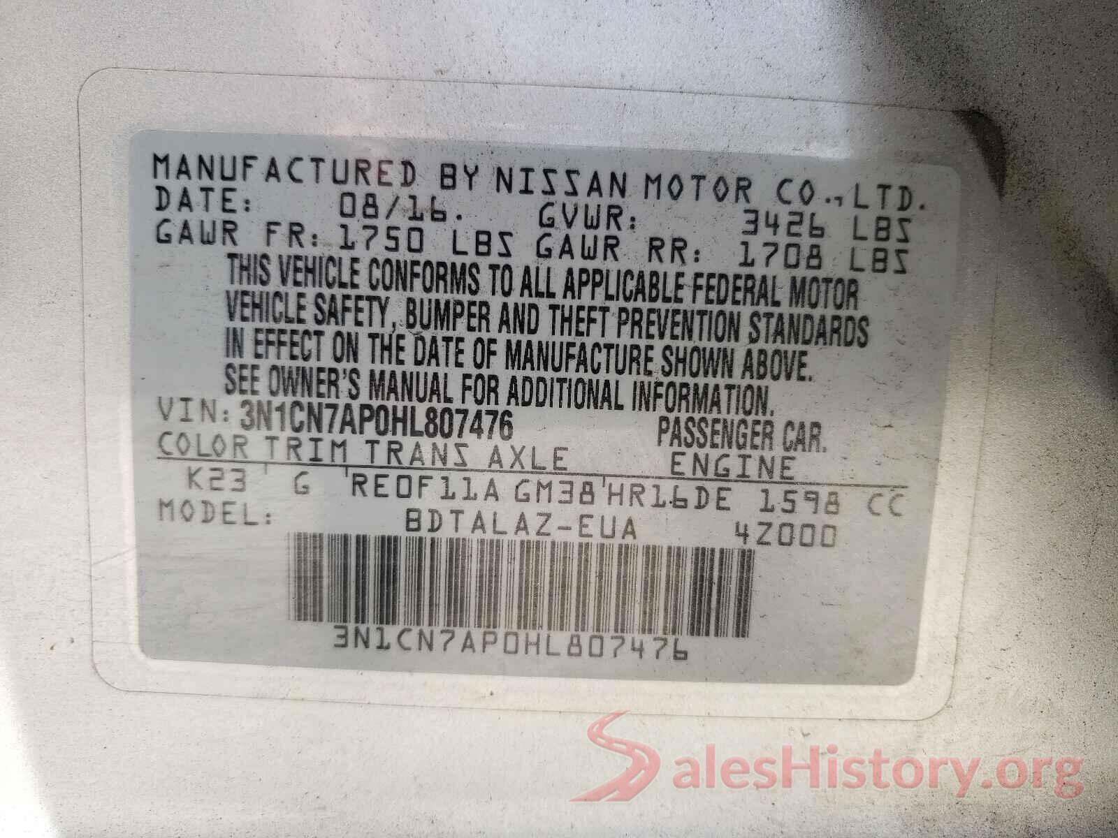 3N1CN7AP0HL807476 2017 NISSAN VERSA