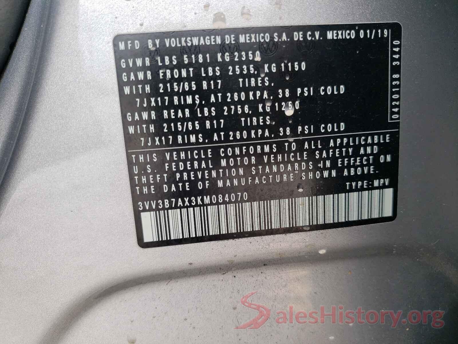 3VV3B7AX3KM084070 2019 VOLKSWAGEN TIGUAN