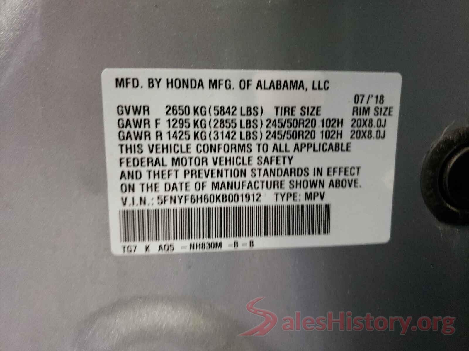 5FNYF6H60KB001912 2019 HONDA PILOT