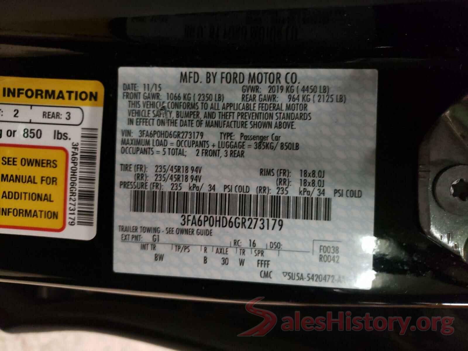 3FA6P0HD6GR273179 2016 FORD FUSION