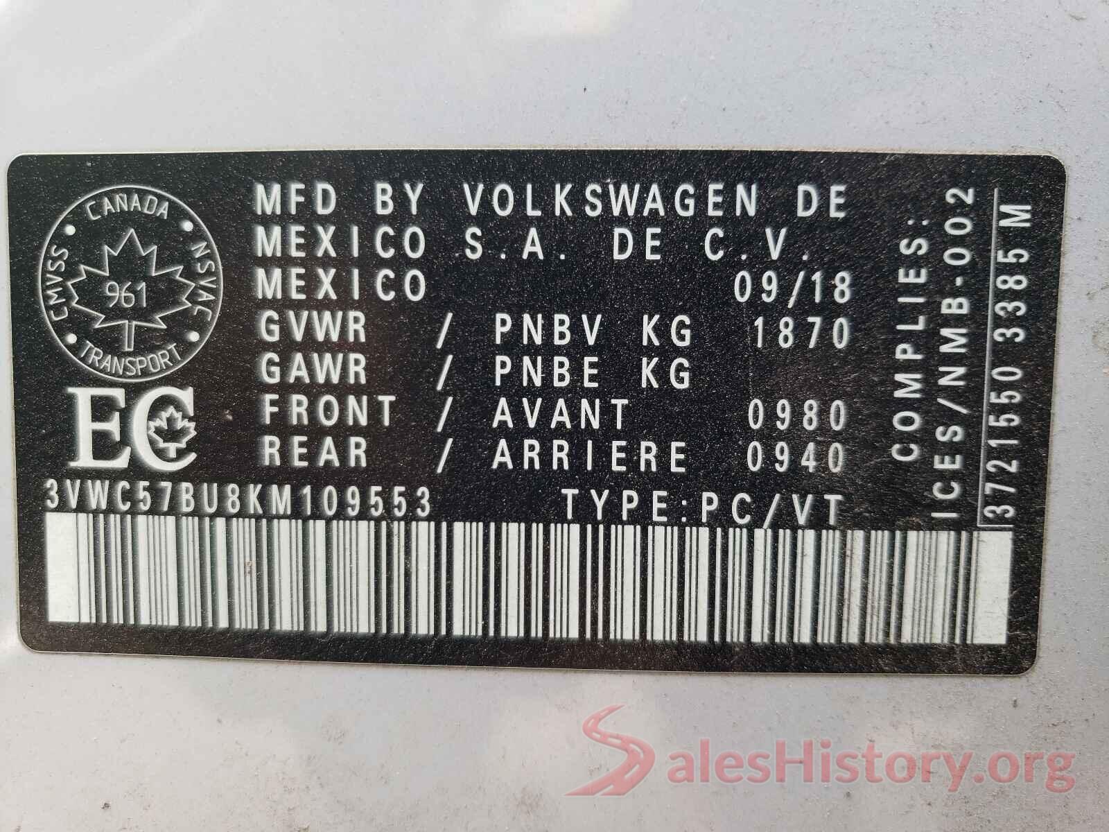 3VWC57BU8KM109553 2019 VOLKSWAGEN JETTA