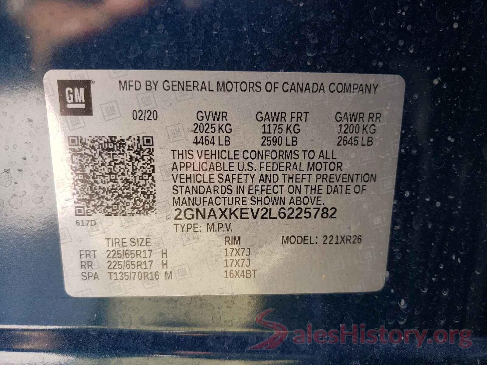 2GNAXKEV2L6225782 2020 CHEVROLET EQUINOX