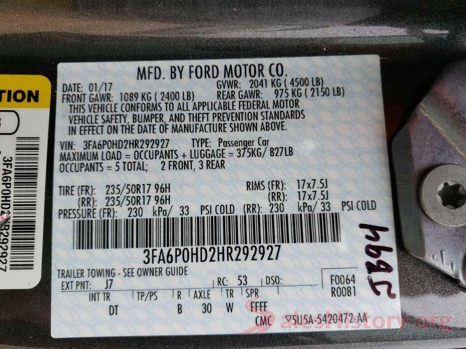 3FA6P0HD2HR292927 2017 FORD FUSION