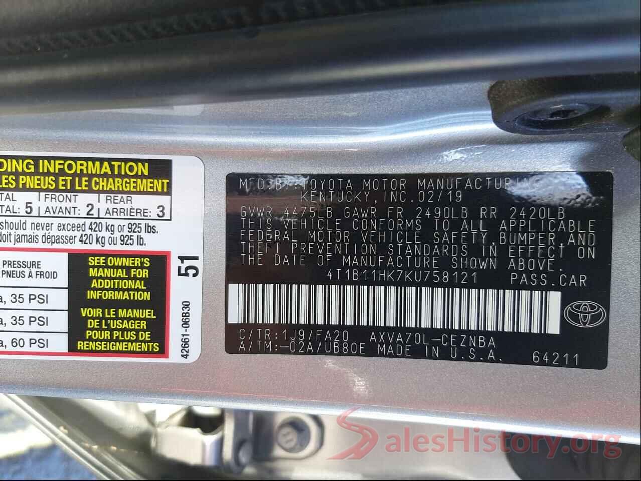 4T1B11HK7KU758121 2019 TOYOTA CAMRY