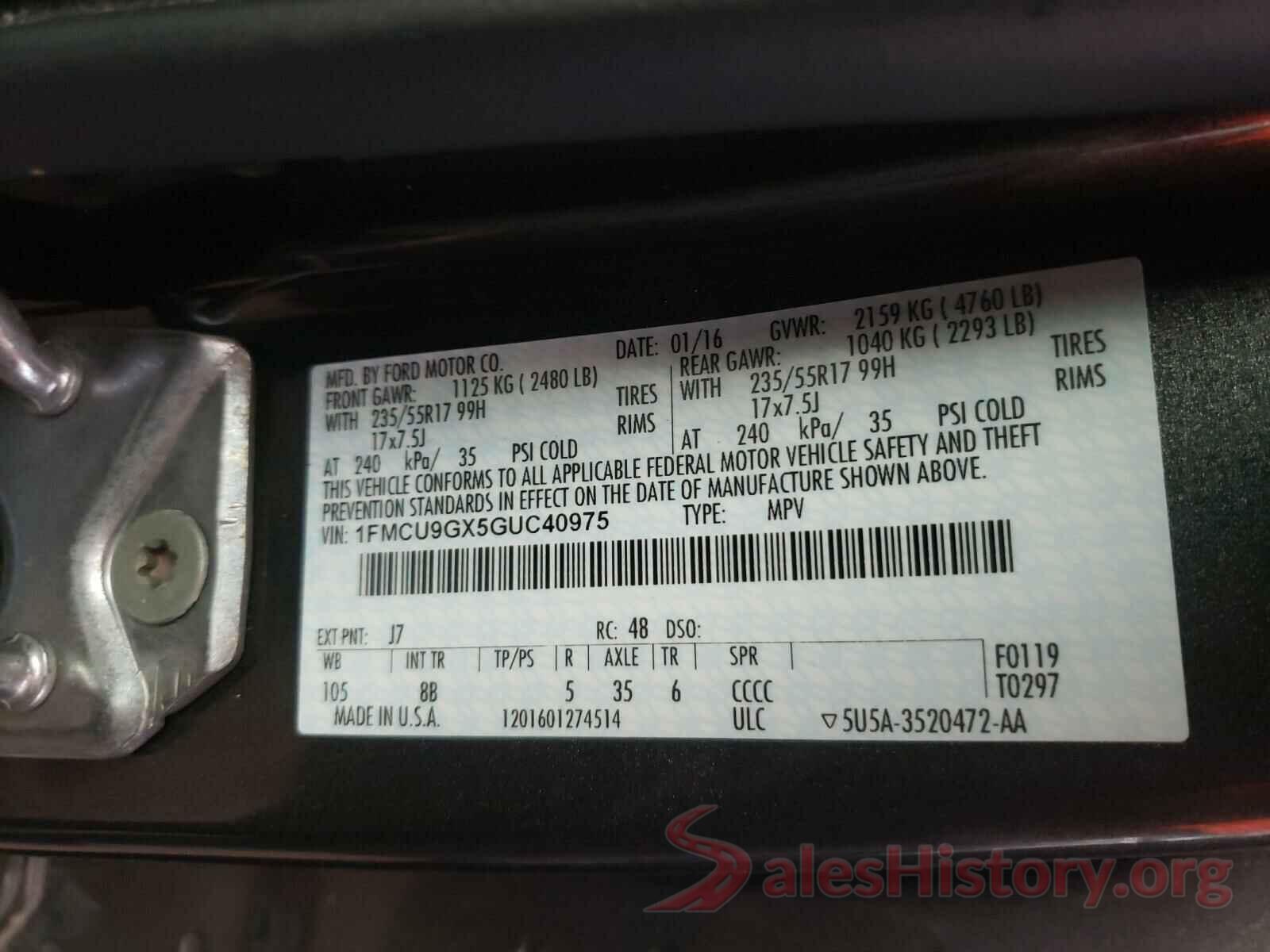 1FMCU9GX5GUC40975 2016 FORD ESCAPE