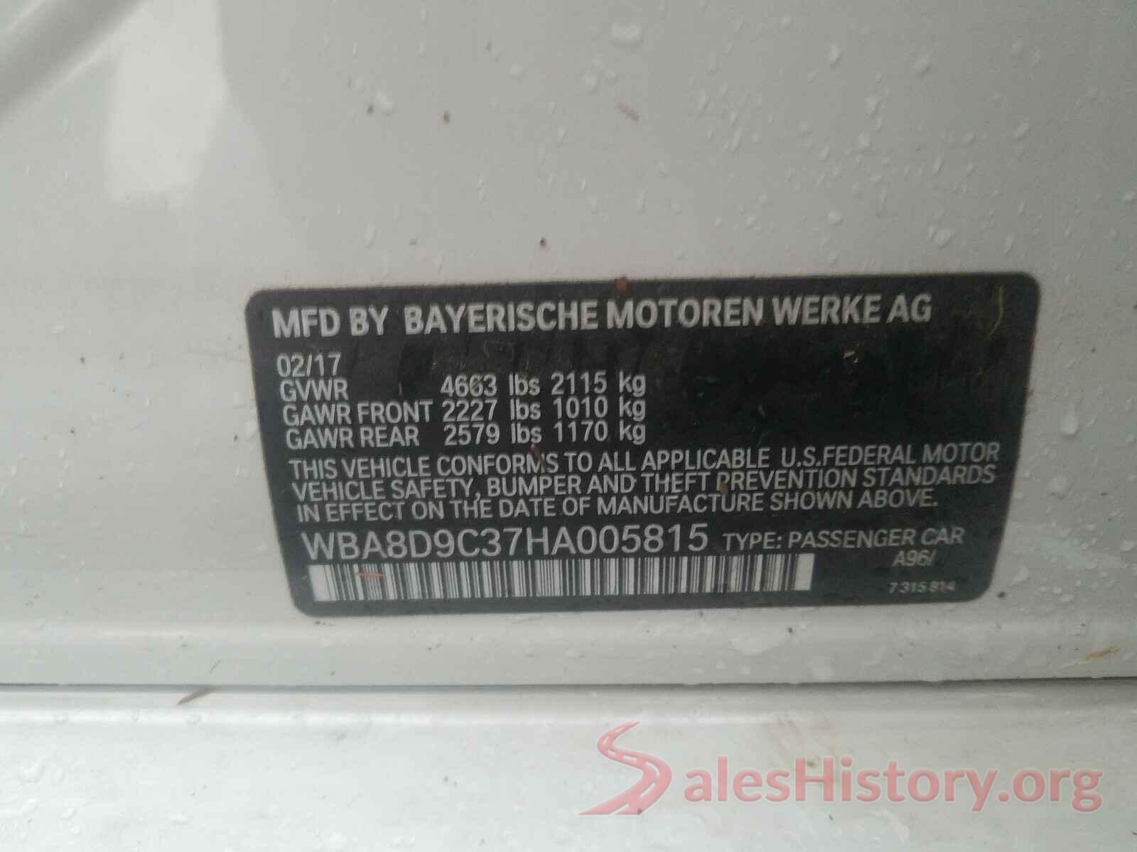 WBA8D9C37HA005815 2017 BMW 3 SERIES