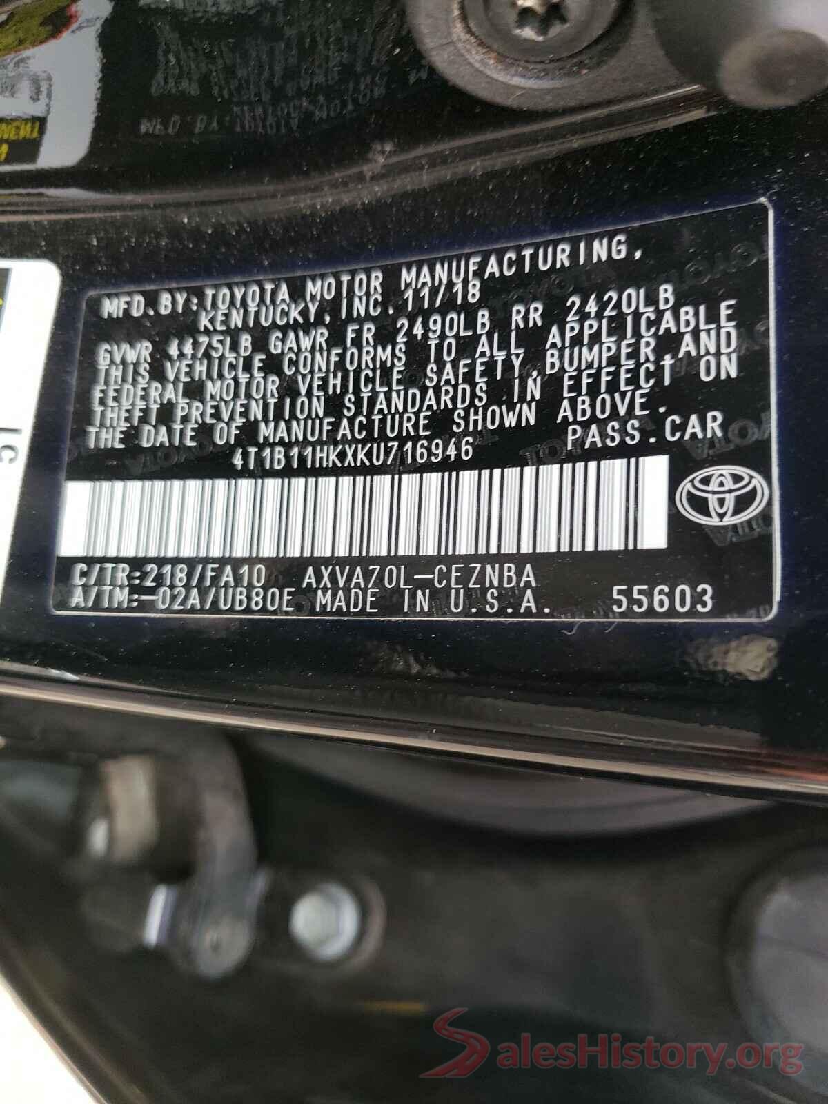 4T1B11HKXKU716946 2019 TOYOTA CAMRY