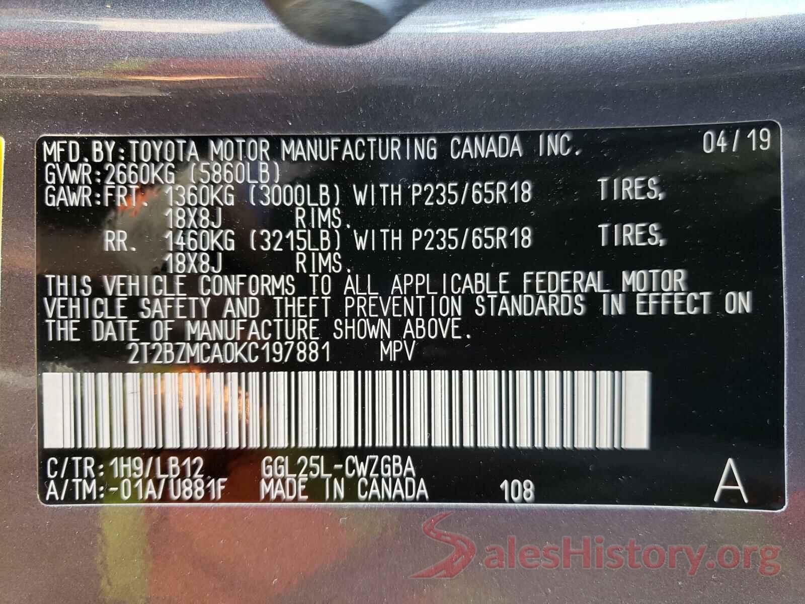 2T2BZMCA0KC197881 2019 LEXUS RX350