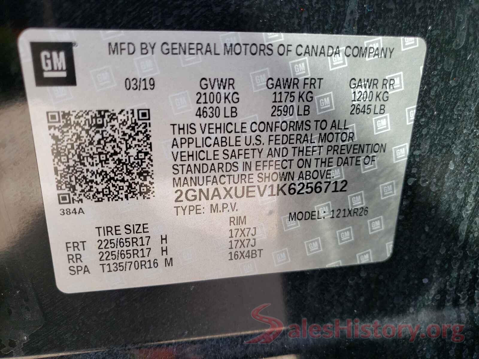 2GNAXUEV1K6256712 2019 CHEVROLET EQUINOX