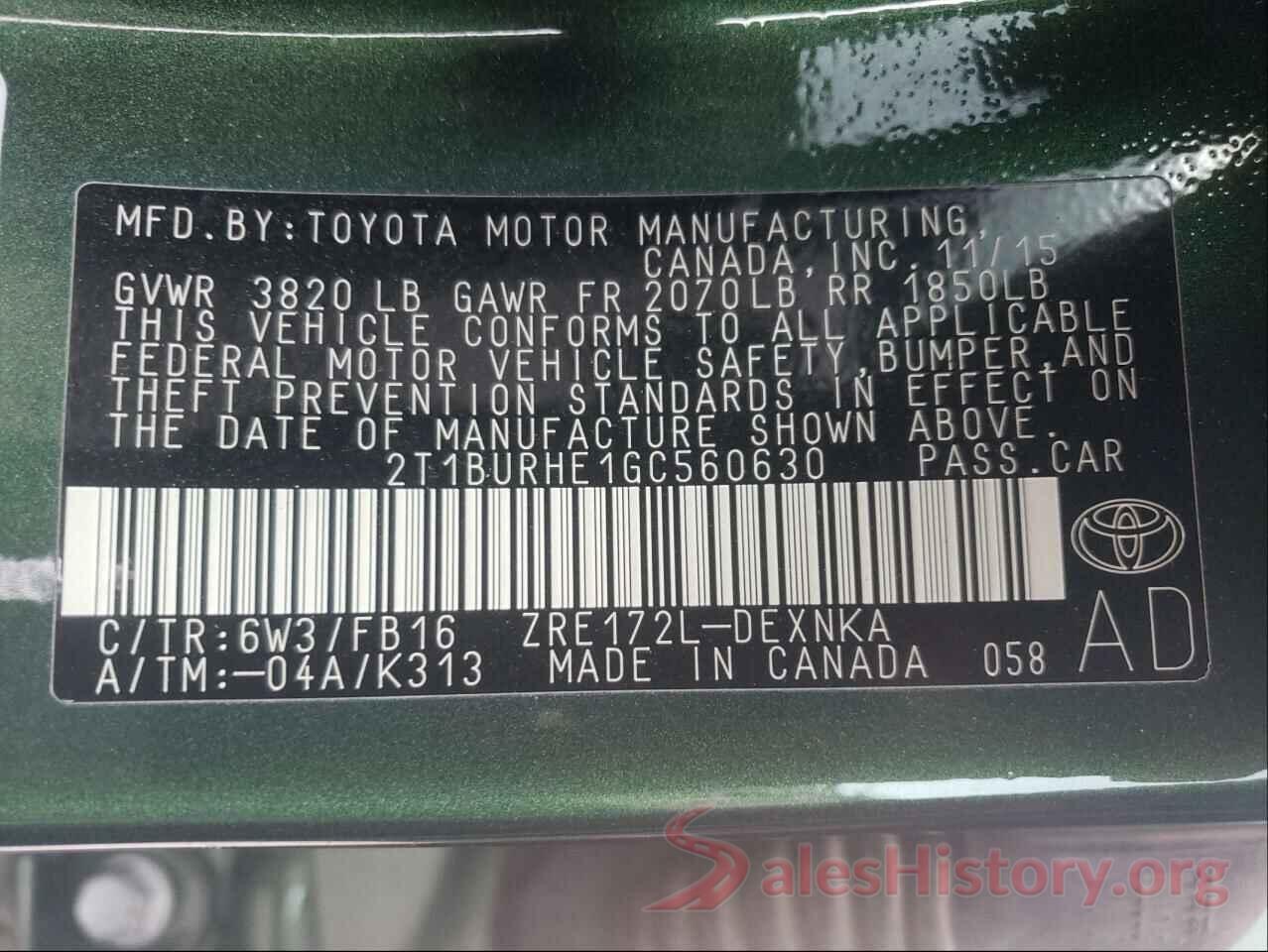 2T1BURHE1GC560630 2016 TOYOTA COROLLA