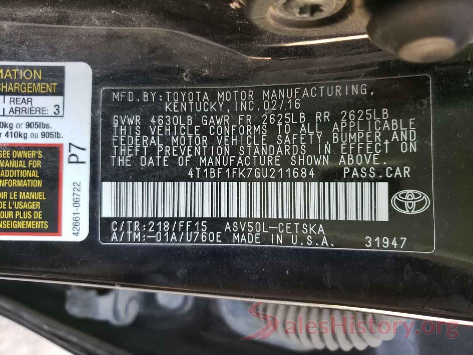 4T1BF1FK7GU211684 2016 TOYOTA CAMRY