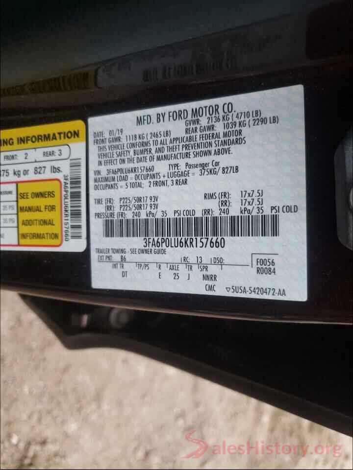 3FA6P0LU6KR157660 2019 FORD FUSION