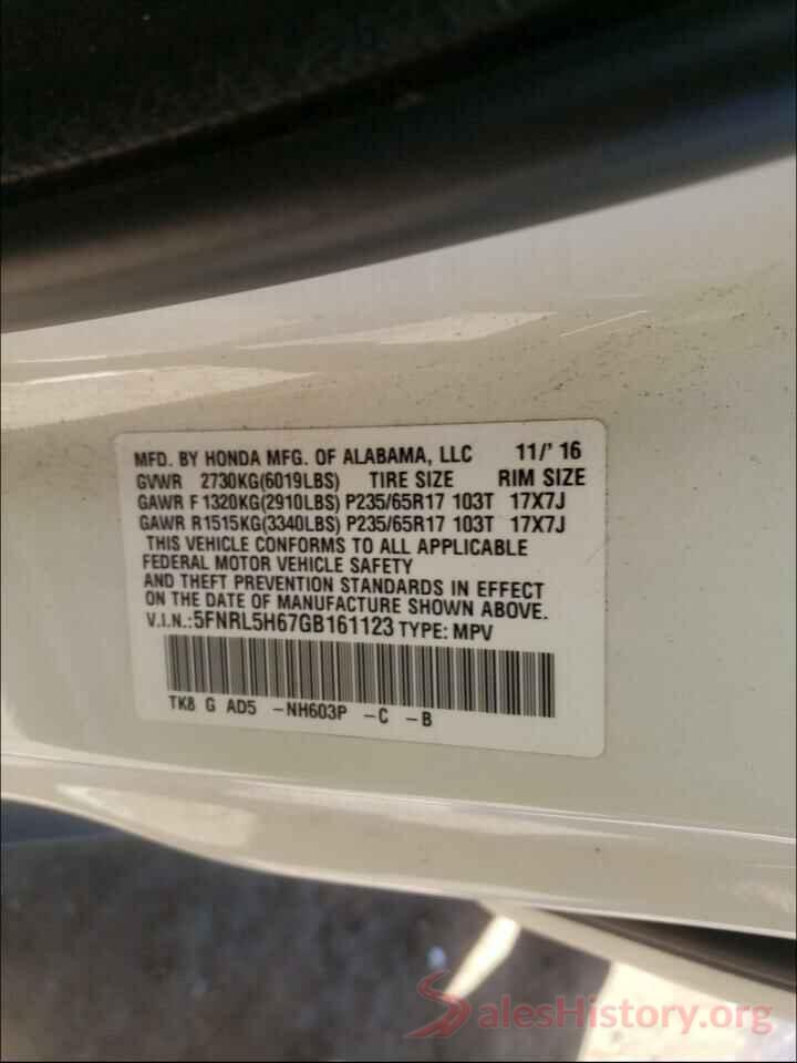 5FNRL5H67GB161123 2016 HONDA ODYSSEY