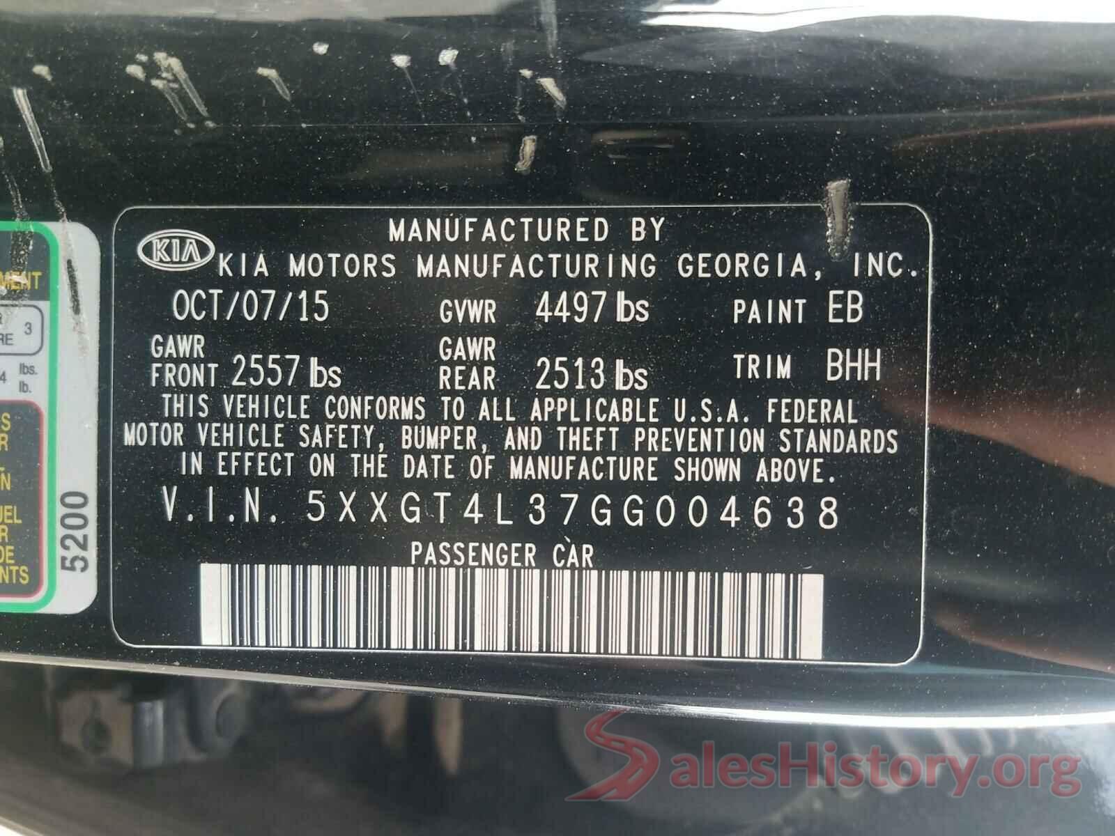 5XXGT4L37GG004638 2016 KIA OPTIMA