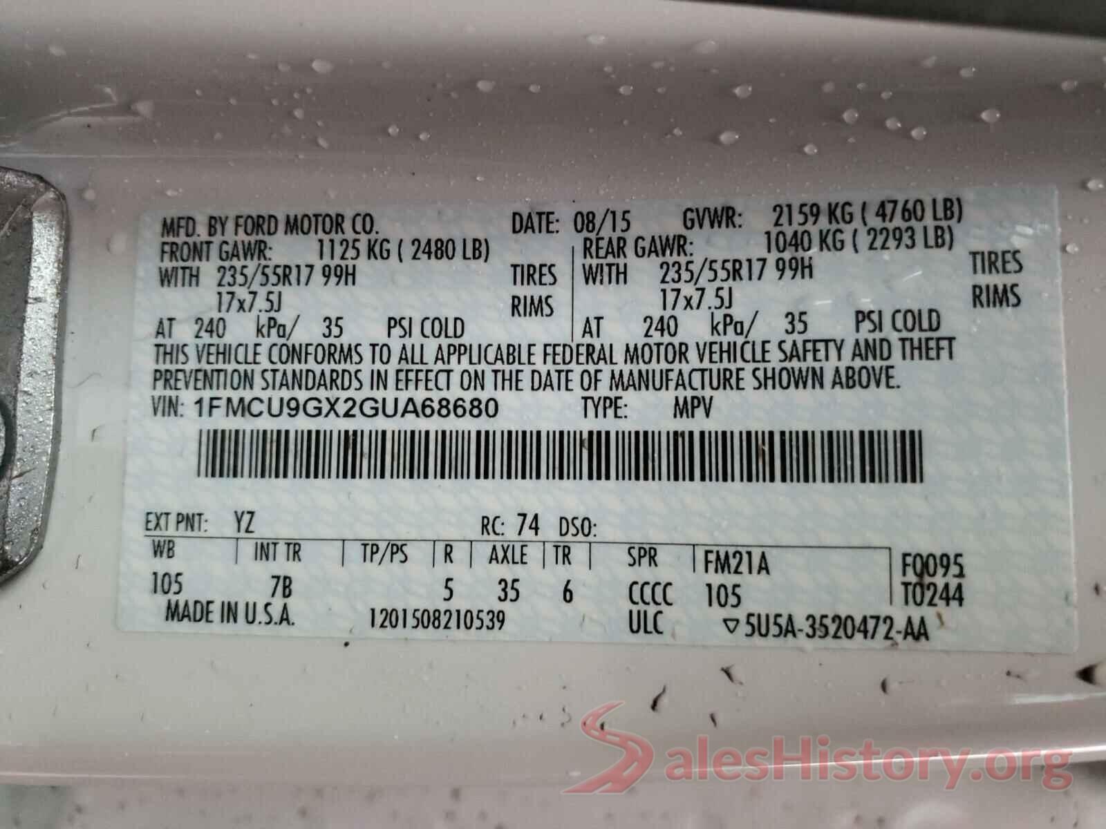 1FMCU9GX2GUA68680 2016 FORD ESCAPE