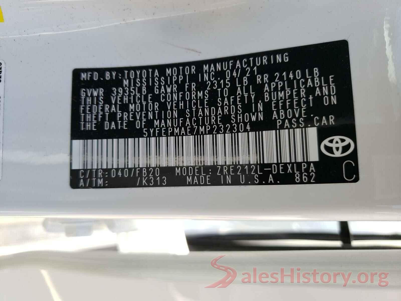 5YFEPMAE7MP232304 2021 TOYOTA COROLLA