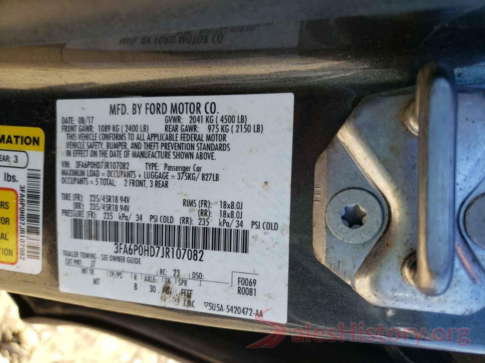 3FA6P0HD7JR107082 2018 FORD FUSION