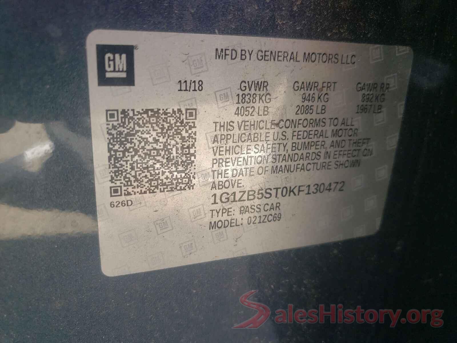 1G1ZB5ST0KF130472 2019 CHEVROLET MALIBU