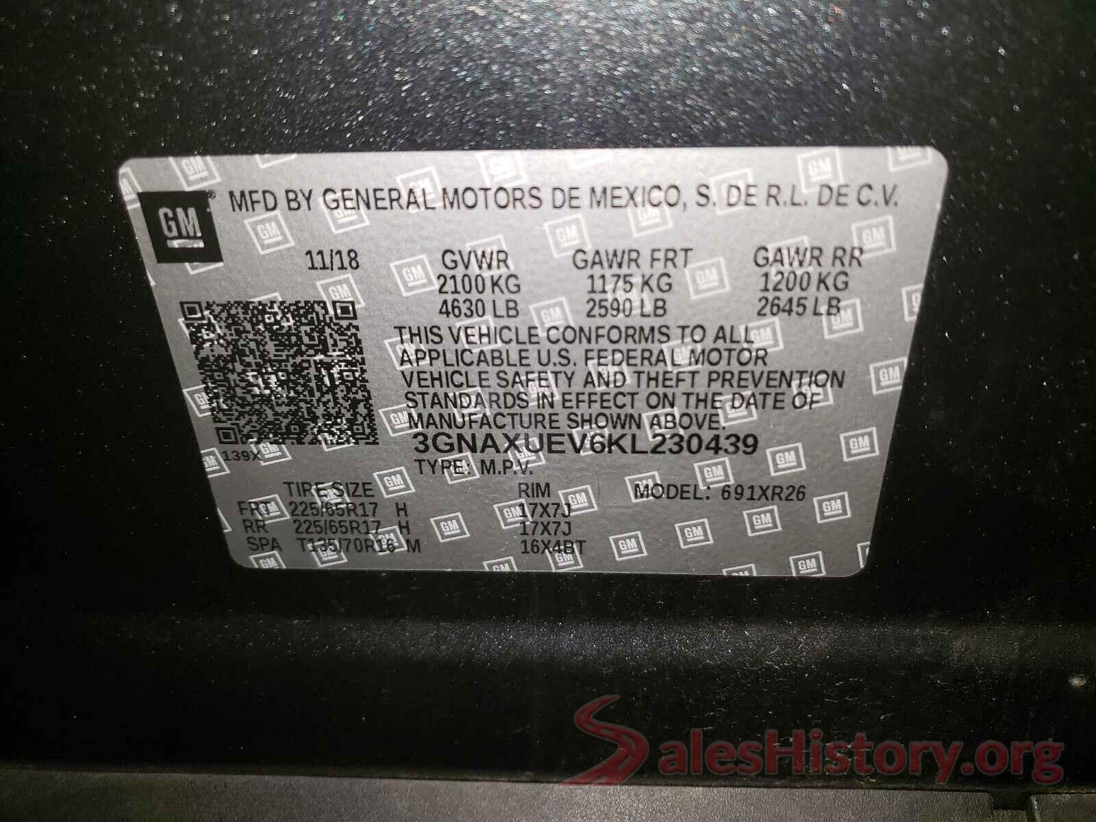 3GNAXUEV6KL230439 2019 CHEVROLET EQUINOX