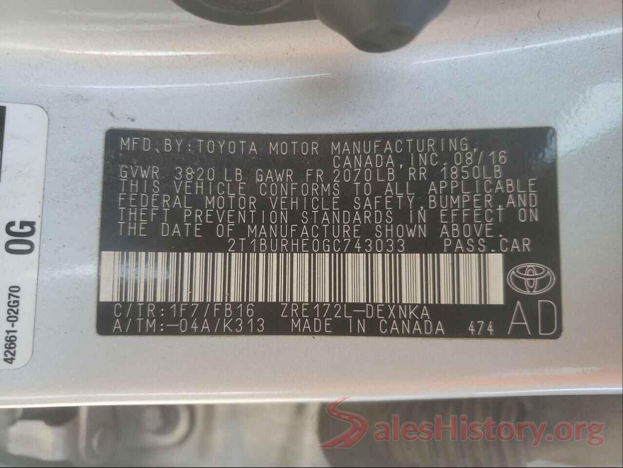 2T1BURHE0GC743033 2016 TOYOTA COROLLA