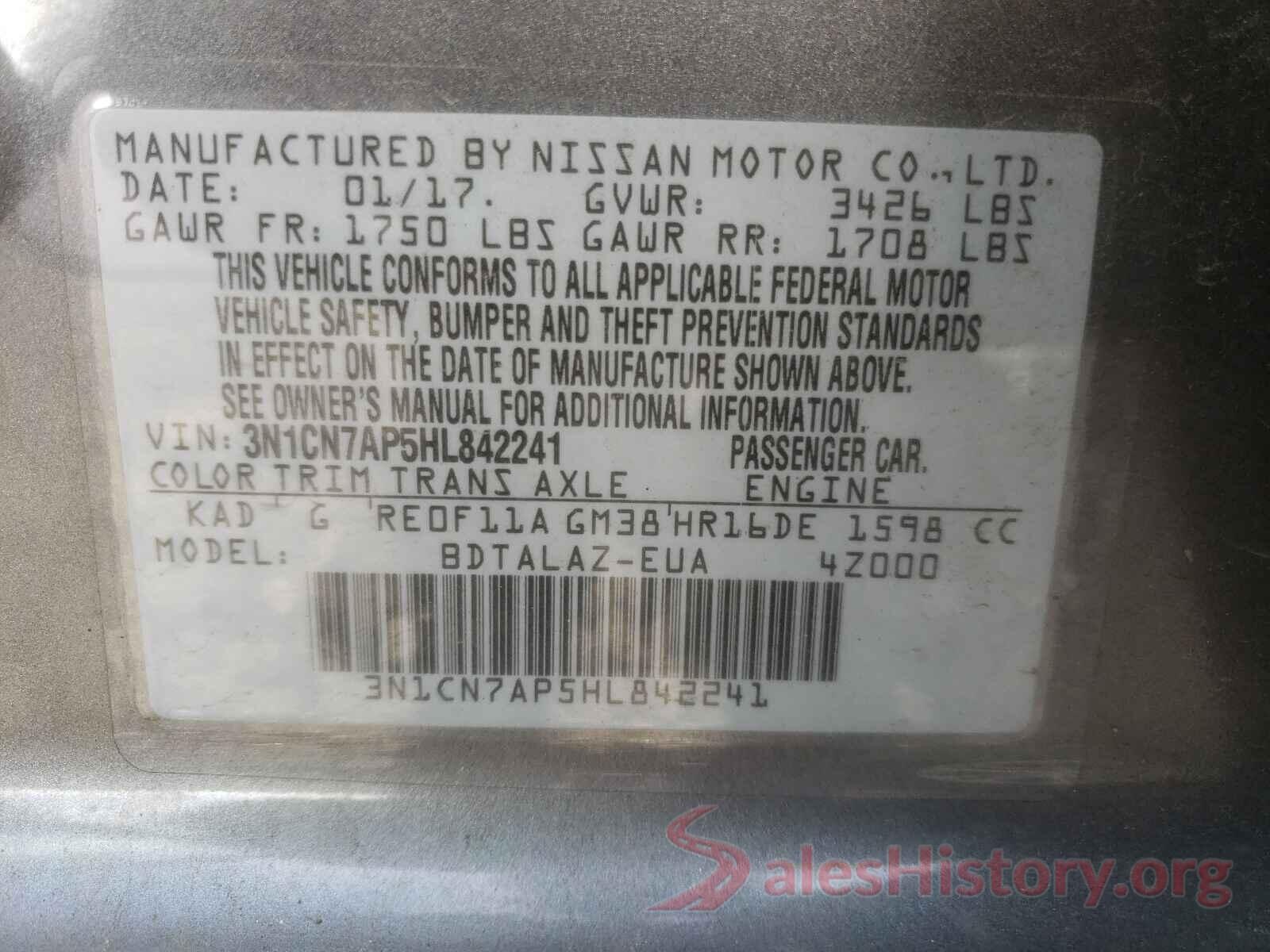 3N1CN7AP5HL842241 2017 NISSAN VERSA