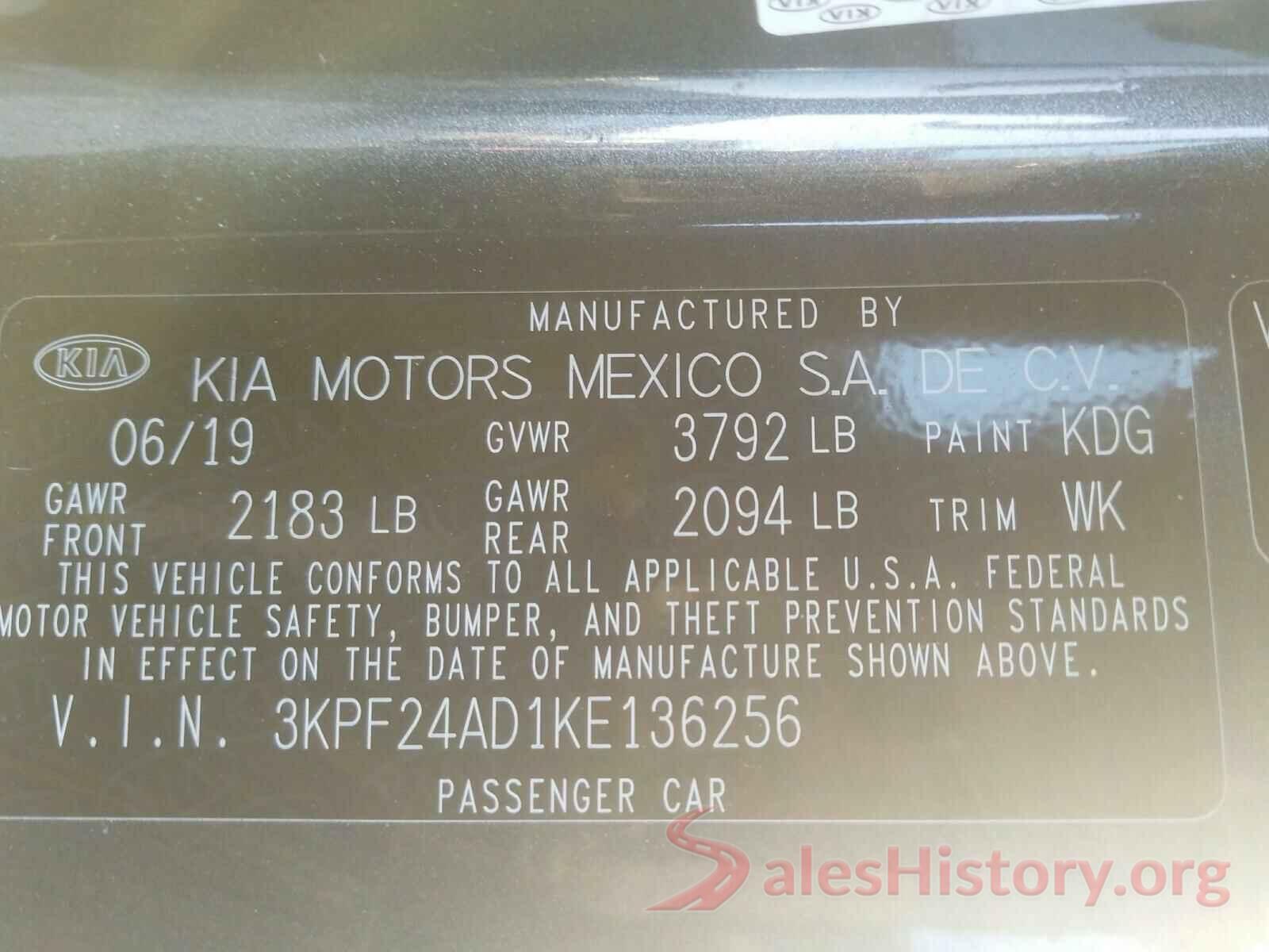 3KPF24AD1KE136256 2019 KIA FORTE