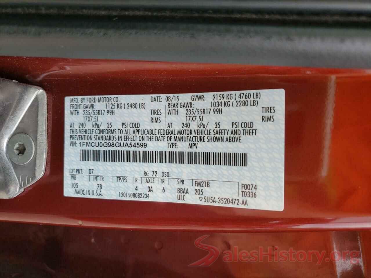 1FMCU0G98GUA54599 2016 FORD ESCAPE