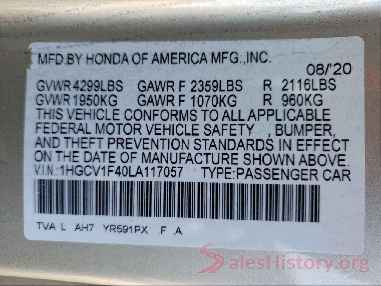 1HGCV1F40LA117057 2020 HONDA ACCORD